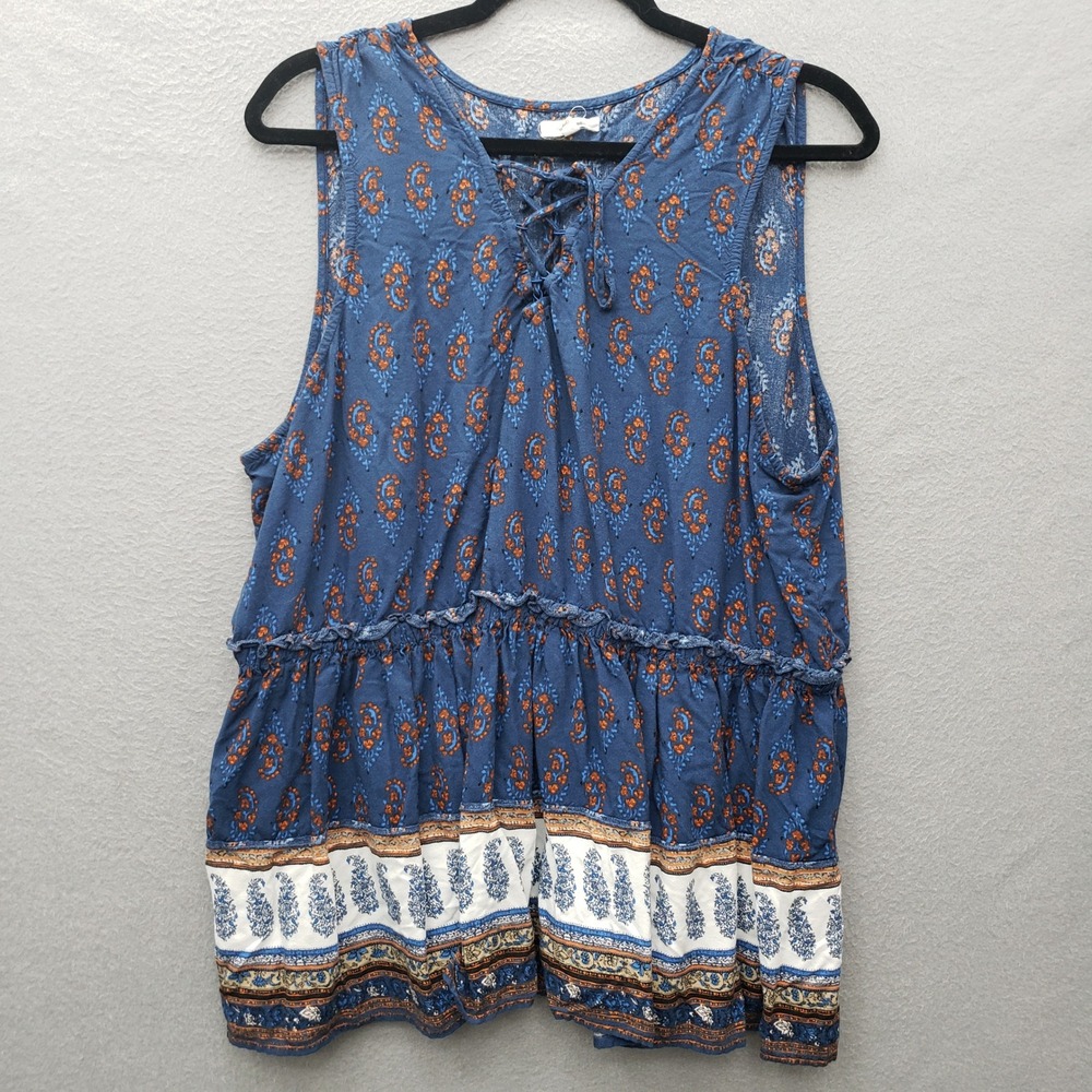 Maurice's Sleeveless Peasant Tank Top Blue Boho Paisley Western Cinch Waist 2X